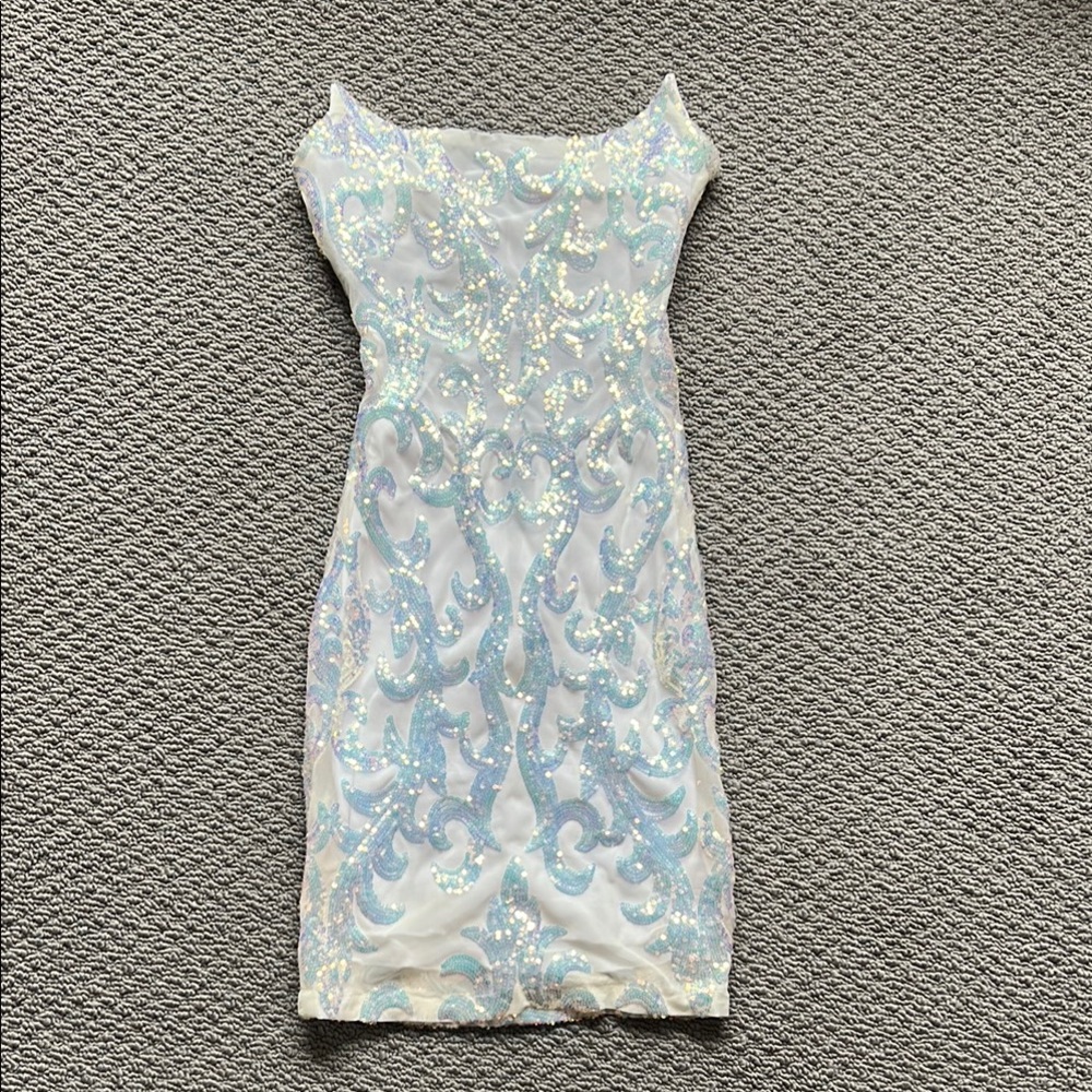 B Darlin Strapless Iridescent Sequin Dress